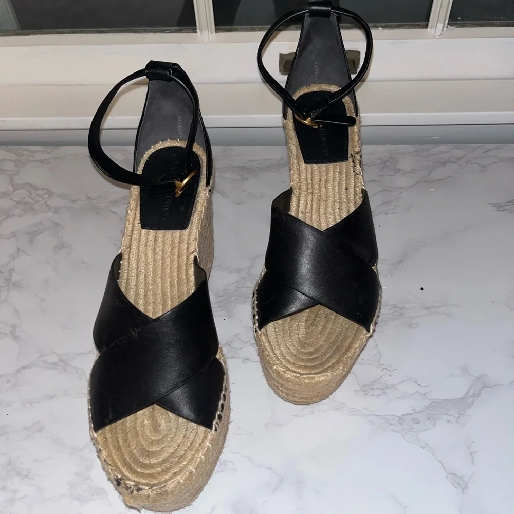 Tory Burch Women Espadrilles Black Leather High Heel Sandals size 8.5​​